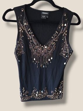 Radzoli Black Beaded V-Neck Tank with Gold Accents